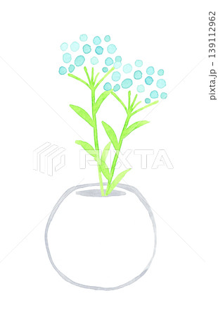陶器のシンプルな花瓶に生けた儚げで優しい花々　手描き水彩イラスト素材 139112962