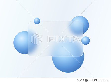 Blue glass morphism banner with translucent panel and gradient spheres on light background 139113097