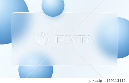 Blue glass morphism horizontal banner with translucent panel and gradient spheres 139113111