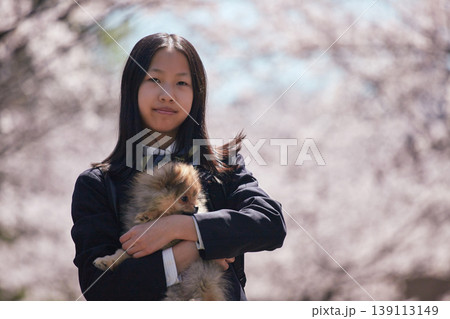 春の桜満開の公園で犬と楽しく遊んでいる女子中学生の姿	 139113149