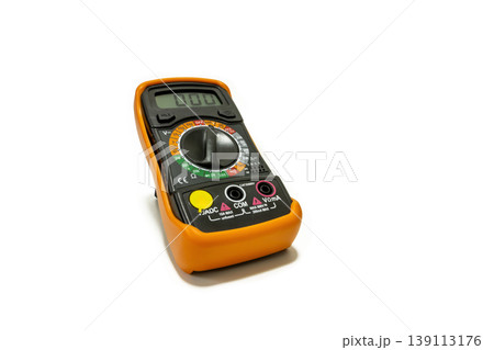 Professional digital multimeter tool for measuring voltage, current, and resistance. Essential equipment for electricians and electronic repairs, isolated on white. Professional digital multimeter tool for measuring voltage, current, and resistance. Essential equipment for electricians and electronic repairs, isolated on white. 139113176