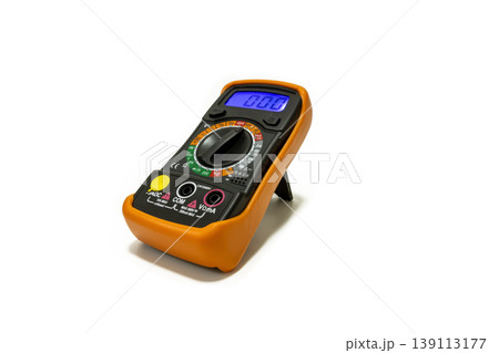 Professional digital multimeter tool for measuring voltage, current, and resistance. Essential equipment for electricians and electronic repairs, isolated on white. Professional digital multimeter tool for measuring voltage, current, and resistance. Essential equipment for electricians and electronic repairs, isolated on white. 139113177