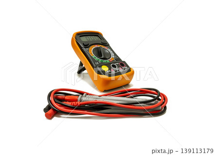 Professional digital multimeter featuring red and black test leads. Ideal for measuring voltage and resistance in electrical repairs, isolated on white. Professional digital multimeter featuring red and black test leads. Ideal for measuring voltage and resistance in electrical repairs, isolated on white. 139113179