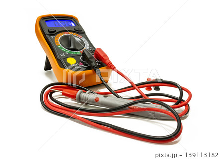 Professional digital multimeter featuring red and black test leads. Ideal for measuring voltage and resistance in electrical repairs, isolated on white. Professional digital multimeter featuring red and black test leads. Ideal for measuring voltage and resistance in electrical repairs, isolated on white. 139113182