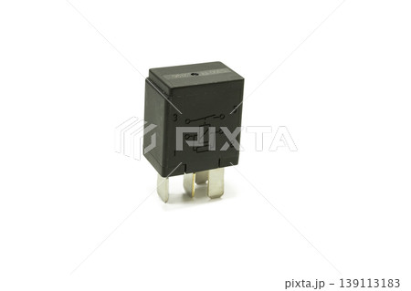 Close up of a black 4 pin universal automotive relay with circuit diagram, essential for vehicle electrical systems and DIY electronics. 139113183
