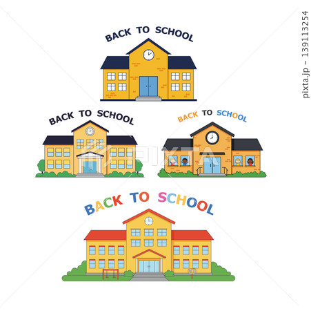 Back to School Illustration Collection with Yellow School Buildings and Clocks Back to School Illustration Collection with Yellow School Buildings and Clocks 139113254