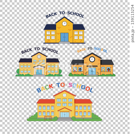 Back to School Illustration Collection with Yellow School Buildings and Clocks Back to School Illustration Collection with Yellow School Buildings and Clocks 139113254
