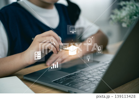 Modern Student Engaging in Online Learning with Digital Tools and Education Icons for Interactive and Remote Study Environment 139113428