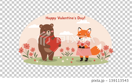 Whimsical Valentines Day Card- Cartoon Bear Holding Heart and Fox with Flowers in Pastel Landscape Whimsical Valentines Day Card- Cartoon Bear Holding Heart and Fox with Flowers in Pastel Landscape 139113543