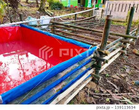 Close up view of a homemade tarpaulin fish pond under construction with a bamboo frame in a rural garden Close up view of a homemade tarpaulin fish pond under construction with a bamboo frame in a rural garden 139113634