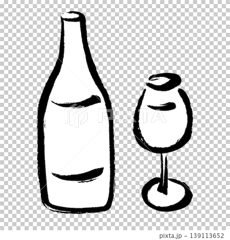 筆タッチのワインのボトルとグラスの手描きイラスト 139113652