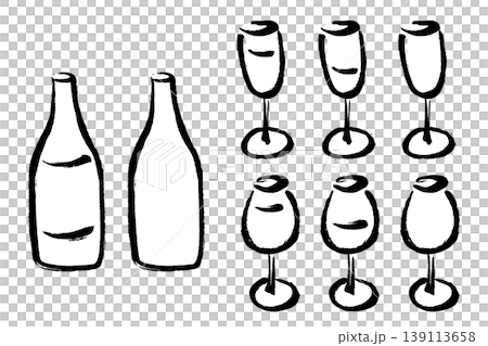 一組手繪插圖，描繪了一個葡萄酒瓶和兩種葡萄酒杯。 139113658