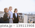 歩道橋の上で前向きに微笑む3人の若い女性ビジネスパーソン・スーツ姿の就活生が朝日を浴びて未来を見つめ 139113908