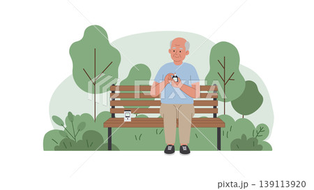 An elderly man measures his sugar level in a park An elderly man measures his sugar level in a park 139113920