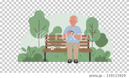 An elderly man measures his sugar level in a park An elderly man measures his sugar level in a park 139113920