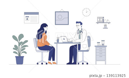 Minimalist Healthcare Scene with Doctor, Patient, and Clinical Interior Elements Minimalist Healthcare Scene with Doctor, Patient, and Clinical Interior Elements 139113925