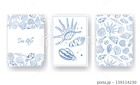 Set of templates with hand-drawn shells and mollusks Set of templates with hand-drawn shells and mollusks 139114230