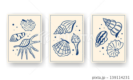 Posters with hand-drawn shells and mollusks in Mediterranean style 139114231