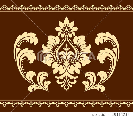 Damask graphic ornament. Floral design element. Golden and brown vector pattern Damask graphic ornament. Floral design element. Golden and brown vector pattern 139114235
