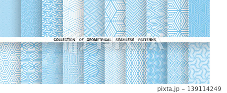 Geometric set of seamless blue and white patterns. Simple vector graphics Geometric set of seamless blue and white patterns. Simple vector graphics 139114249