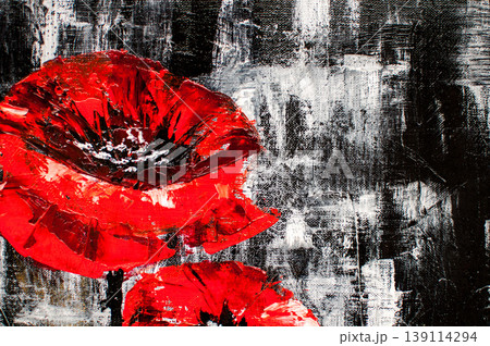 artistic black background with white and red paint spots in the form of flowers artistic black background with white and red paint spots in the form of flowers 139114294