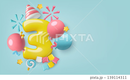 Birthday background for 3 years with cute 3D realistic inflated number balloons party hat and fireworks 139114311
