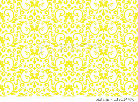 Wallpaper in the style of Baroque. White and yellow floral ornament. Seamless vector background. Graphic pattern for fabric, wallpaper, packaging. Ornate Damask flower illustration Wallpaper in the style of Baroque. White and yellow floral ornament. Seamless vector background. Graphic pattern for fabric, wallpaper, packaging. Ornate Damask flower illustration 139114476