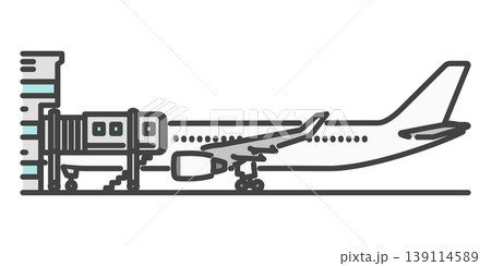 長距離国際線の旅客機 搭乗中 PBB 白い機体 シンプルなイラスト 長距離国際線の旅客機 搭乗中 PBB 白い機体 シンプルなイラスト 139114589