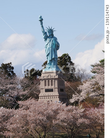おいらせ町にて、桜の木々の中に立つ自由の女神像 139114743