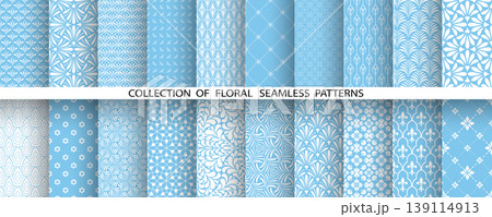Geometric floral set of seamless patterns. White and blue vector backgrounds. Damask graphic ornaments 139114913