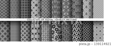 Geometric floral set of seamless patterns. Gray and black vector backgrounds. Damask graphic ornaments 139114921