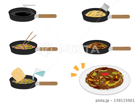 便利な焼きそばの作り方に使えるイラストセット 便利な焼きそばの作り方に使えるイラストセット 139115001