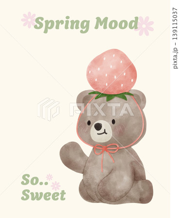 Spring Bear Coquette Joyful with Strawberry Hat in Spring Garden Nature Theme illustration Spring Bear Coquette Joyful with Strawberry Hat in Spring Garden Nature Theme illustration 139115037