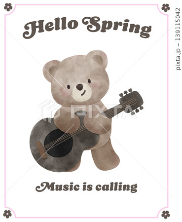 Spring Bear Coquette Joyful Playing Guitar in Spring Garden Nature Theme illustration 139115042