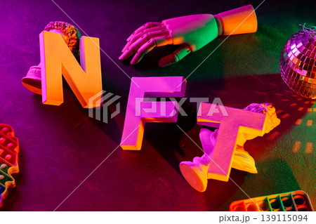 Colorful NFT letters with classical sculpture and disco ball in neon lighting concept Colorful NFT letters with classical sculpture and disco ball in neon lighting concept 139115094