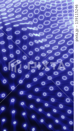 Futuristic blue dot network with glowing nodes and flowing light connections in an abstract digital pattern. 139115246