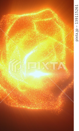 Abstract orange particle cube with glowing edges and radiant core, floating in a fiery atmospheric background 139115261