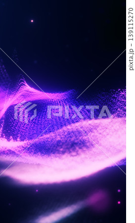 Vibrant purple particle flow forming soft ribbon waves on dark background, abstract futuristic energy stream for digital and sci-fi concepts 139115270