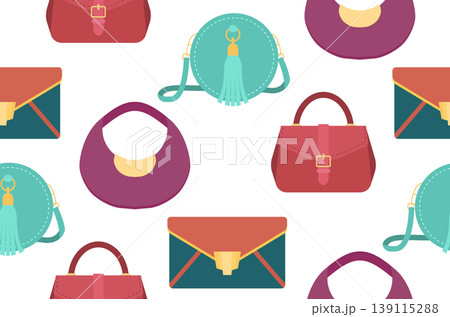 Vector fashion pattern with trendy handbags and clutches. Seamless texture with women bags in flat style on a white background 139115288