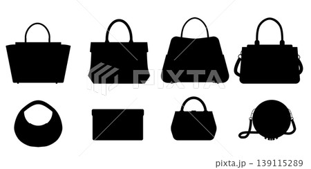 Vector set of black silhouette of various bags. Fashionable set of shadow purses clip arts 139115289