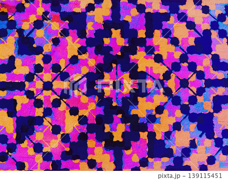 Vibrant abstract geometric pattern with ethnic motifs in pink, orange and navy blue. Symmetrical kaleidoscope ornament. Colorful background Vibrant abstract geometric pattern with ethnic motifs in pink, orange and navy blue. Symmetrical kaleidoscope ornament. Colorful background 139115451