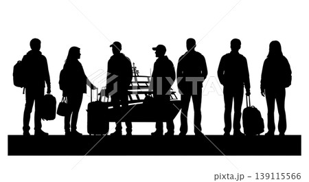 Black Solid Pier Waiting Silhouettes Set of Six on White Background Black Solid Pier Waiting Silhouettes Set of Six on White Background 139115566
