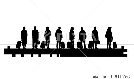 Black Solid Pier Waiting Silhouettes Set of Six on White Background Black Solid Pier Waiting Silhouettes Set of Six on White Background 139115567