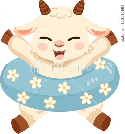 adorable cartoon goat wearing inflatable ring happy farm animal illustration for nursery art summer theme and playful design adorable cartoon goat wearing inflatable ring happy farm animal illustration for nursery art summer theme and playful design 139115693