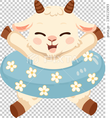 adorable cartoon goat wearing inflatable ring happy farm animal illustration for nursery art summer theme and playful design adorable cartoon goat wearing inflatable ring happy farm animal illustration for nursery art summer theme and playful design 139115693