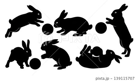 Black Solid Playing Bunny Silhouettes Set of Six on White Background 139115707