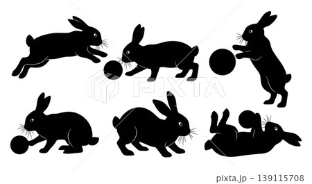Black Solid Playing Bunny Silhouettes Set of Six on White Background 139115708