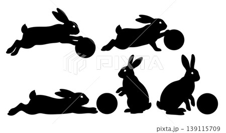 Black Solid Playing Bunny Silhouettes Set of Six on White Background 139115709