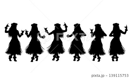Black Solid Polynesian Hula Dance Silhouettes Set of Six on White Background Black Solid Polynesian Hula Dance Silhouettes Set of Six on White Background 139115753
