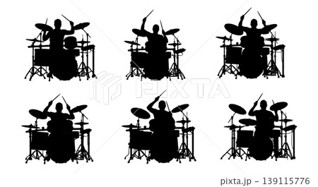 Black Solid Pop Drummer Silhouettes Set of Six on White Background Black Solid Pop Drummer Silhouettes Set of Six on White Background 139115776